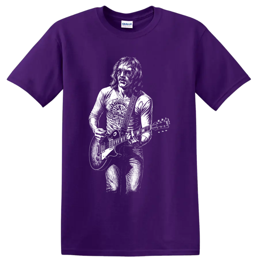 Mick Taylor guitar portrait in bold monochrome rock poster style on a Purple T Shirt