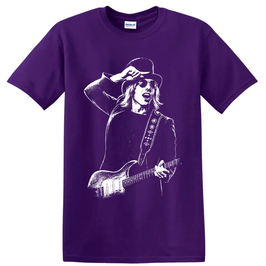 Tom Petty guitar portrait in high-contrast black-and-white vintage rock style on a Purple T Shirt