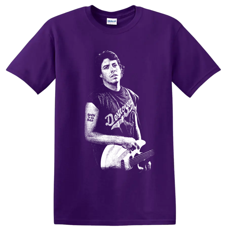 Distressed George Thorogood guitarist portrait in high-contrast rock poster style on a Purple T Shirt
