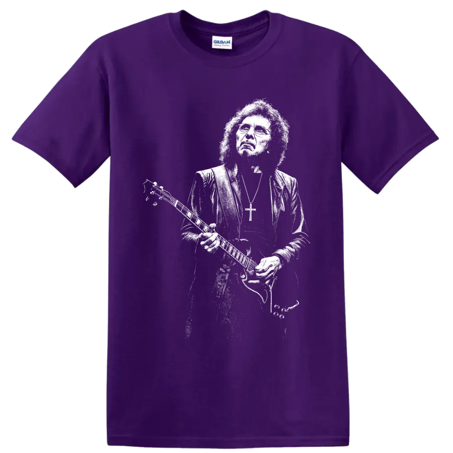 Tony Iommi holding guitar in bold monochrome Black Sabbath-inspired portrait art on a Purple T Shirt