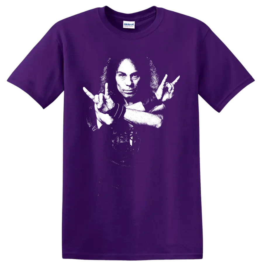 White high-contrast Ronnie James Dio fantasy-inspired heavy metal illustration on a Purple T Shirt