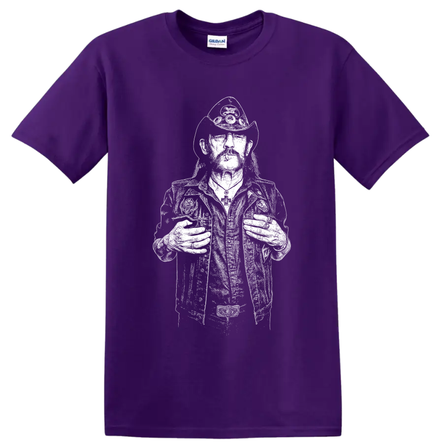 Monochrome Lemmy Kilmister portrait in a bold high-contrast graphic style on a Purple T Shirt