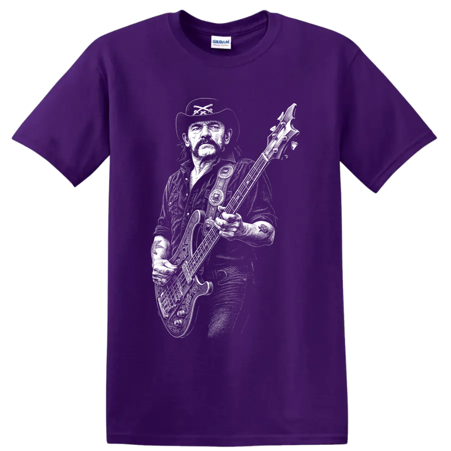 White Lemmy Kilmister silhouette with bass guitar and microphone rock tribute artwork on a Purple T Shirt