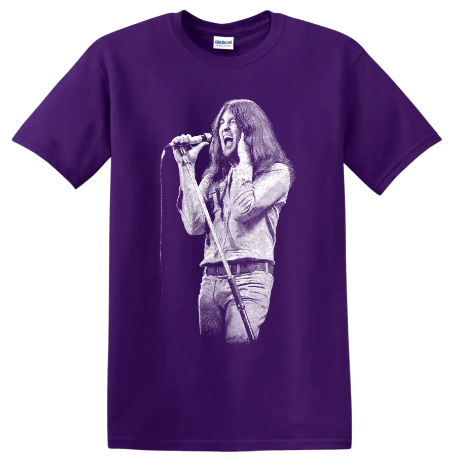 Ian Gillan singing into microphone in bold white silhouette rock portrait on a Purple T Shirt