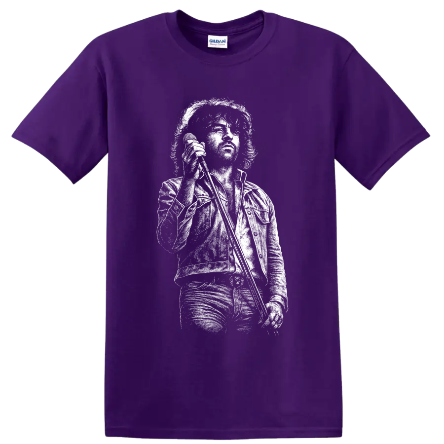 High-contrast Ian Gillan portrait in a monochrome classic rock illustration on a Purple T Shirt