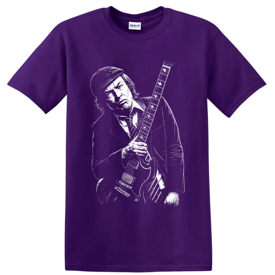 Angus Young AC/DC guitarist black-and-white portrait with electric guitar on a Purple T Shirt