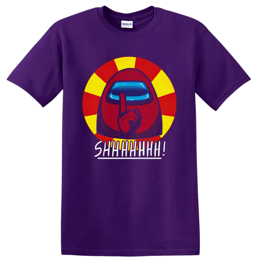 Among Us Red Crewmate shushing in red and yellow circle with SHHHHHH lettering on a Purple T Shirt
