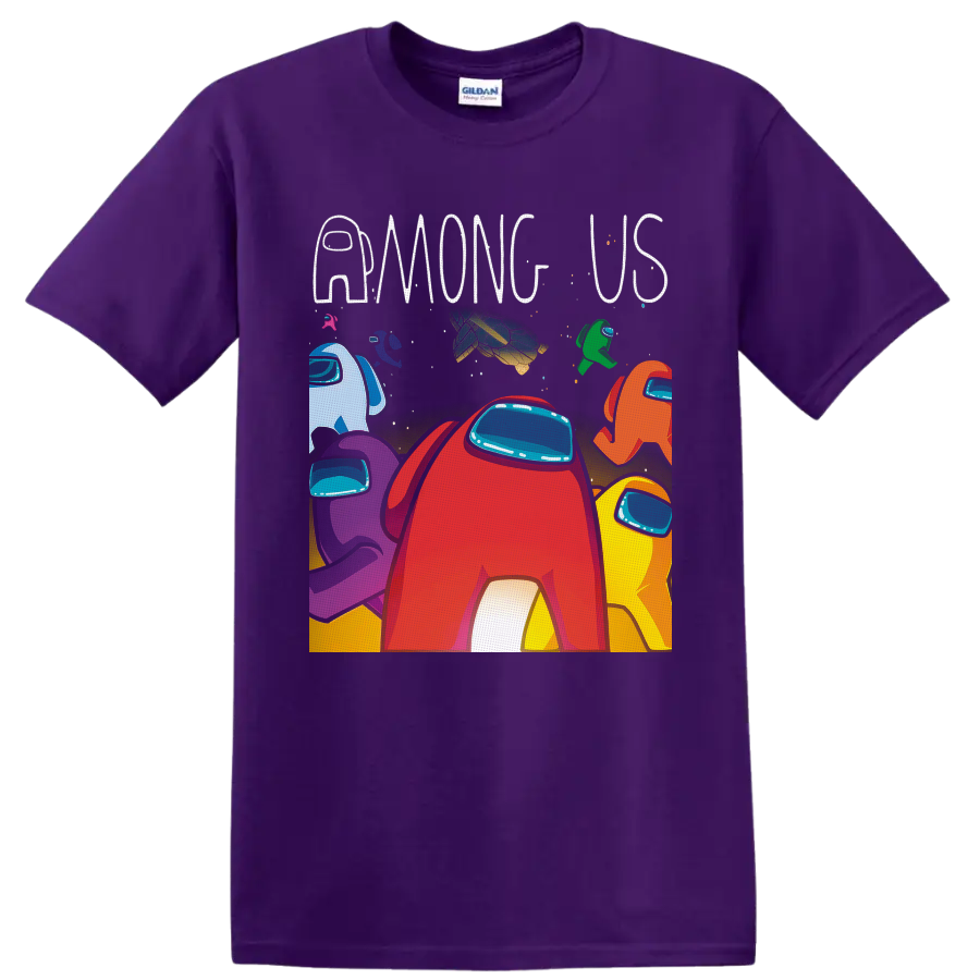 Colorful Among Us Crewmates graphic with red character, stars, spacecraft, and AMONG US on a Purple T Shirt