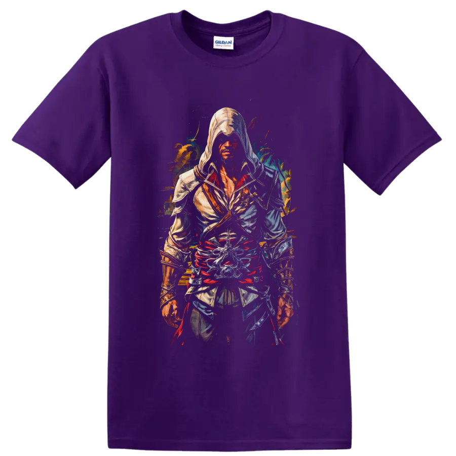 Bayek Assassin's Creed hooded warrior in vivid painterly action art on a Purple T Shirt
