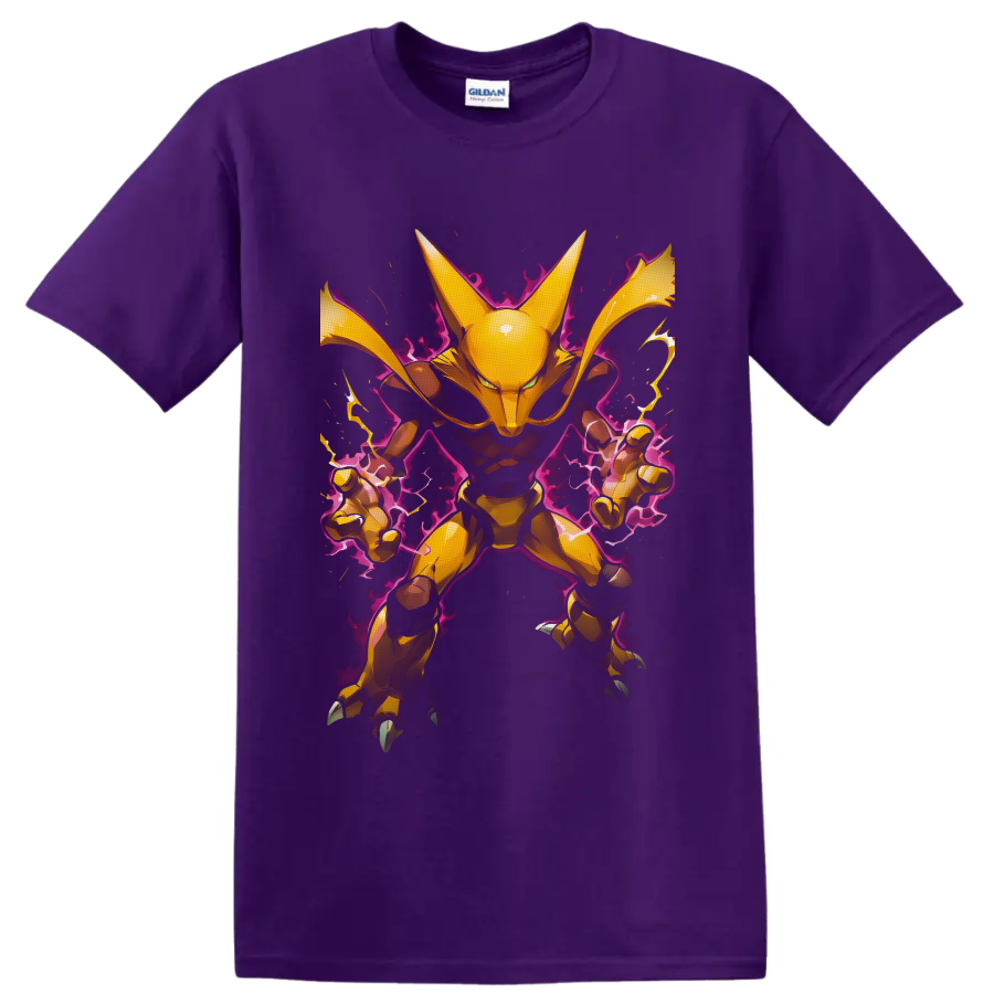 Alakazam in golden anime style with purple psychic energy and lightning on a Purple T Shirt