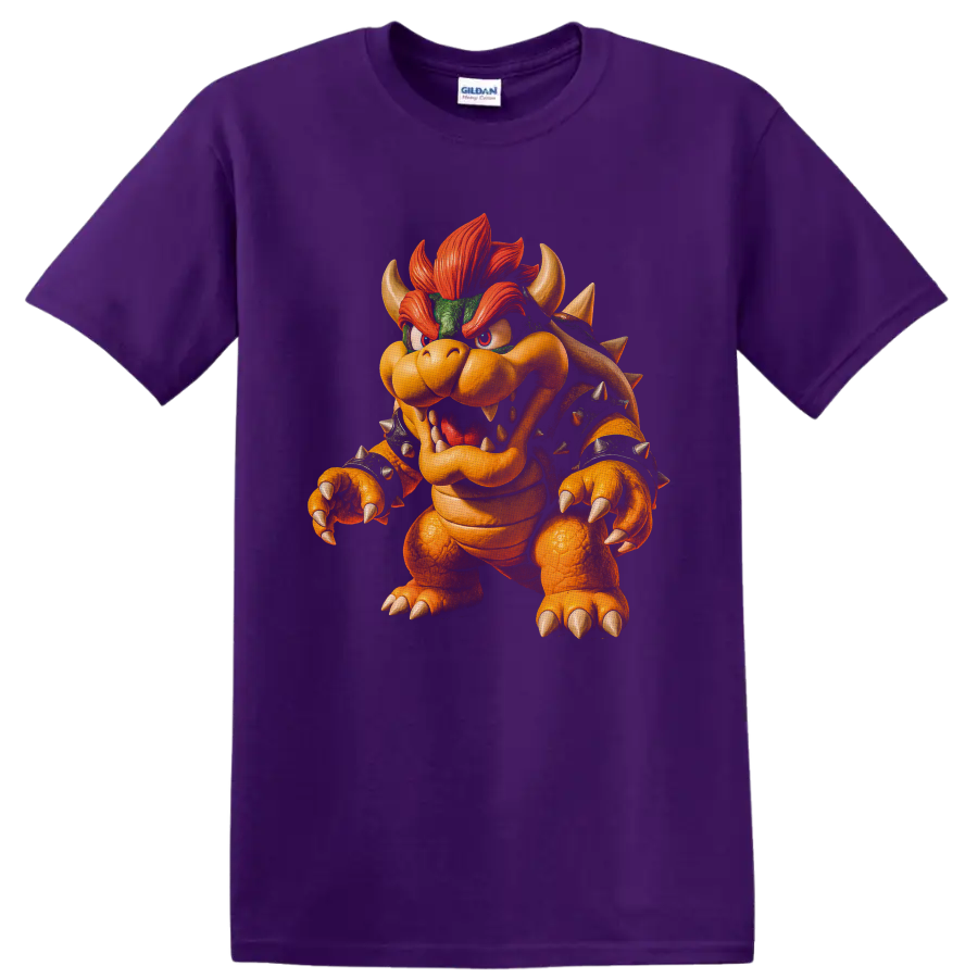 Bowser roaring with spiked shell, horns, claws, and fiery red hair character art on a Purple T Shirt