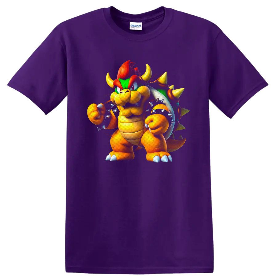 Bowser Super Mario cartoon character with green spiked shell and raised fist on a Purple T Shirt