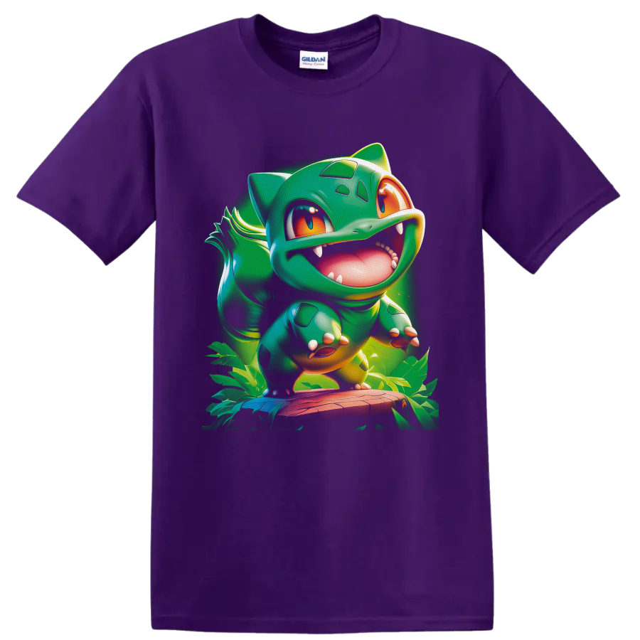 Bulbasaur Pokémon character in glossy jungle cartoon art with tropical leaves on a Purple T Shirt