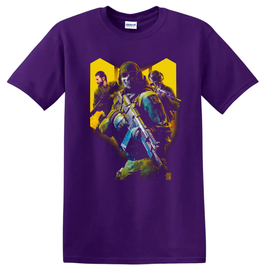 Call of Duty tactical soldiers graphic with skull-masked operator and armed squad on a Purple T Shirt