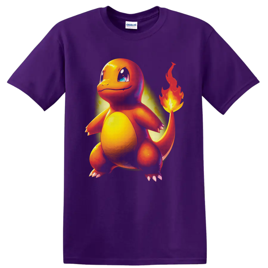 Charmander Pokémon character with glowing tail flame in vivid airbrushed artwork on a Purple T Shirt