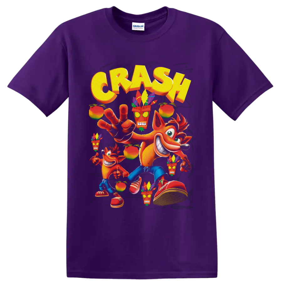 Crash Bandicoot with Aku Aku masks, tropical fruit, and bold yellow CRASH lettering on a Purple T Shirt