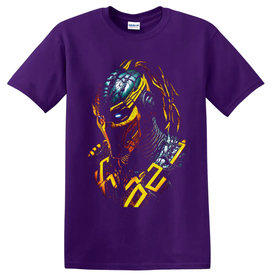 Cyrax Mortal Kombat cyber ninja portrait with yellow armor and mechanical details on a Purple T Shirt