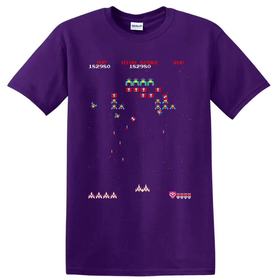 Space Invaders pixel art arcade battle with alien rows, ships, and high score text on a Purple T Shirt