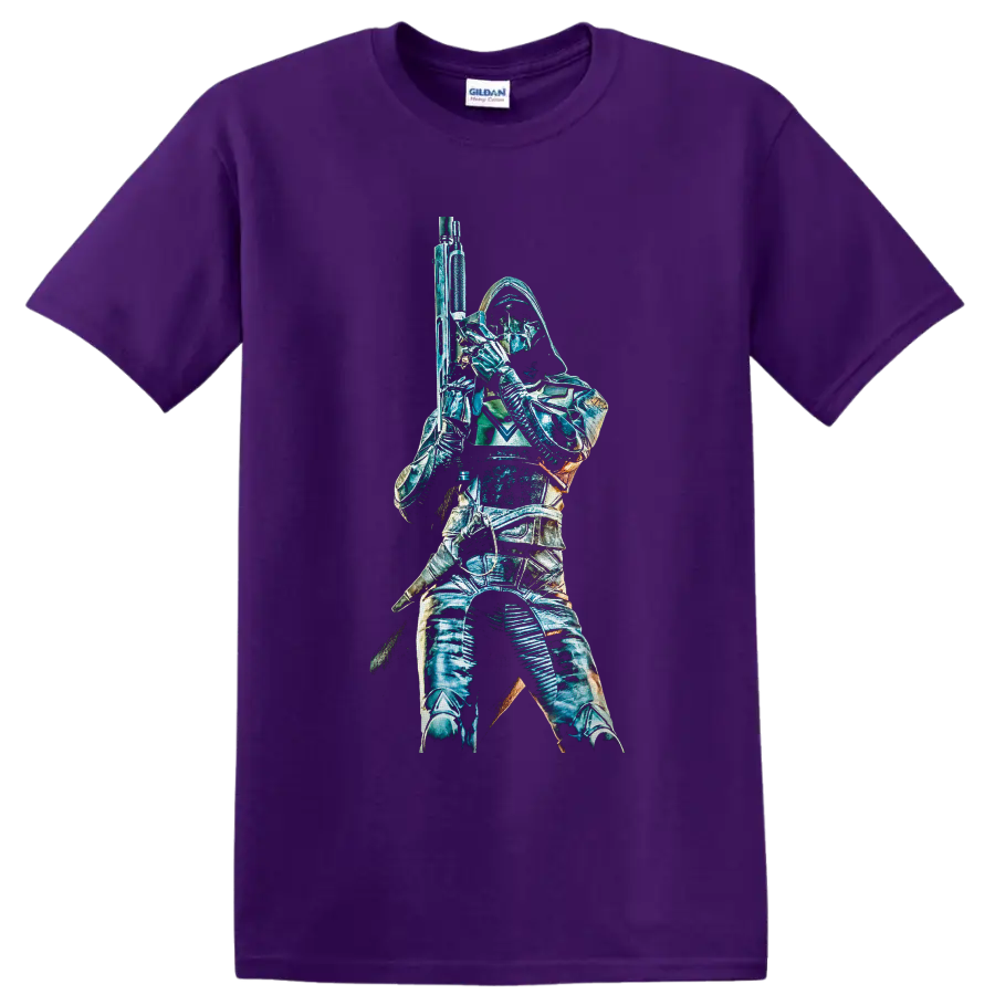 Destiny 2 Hunter in hooded armor holding a rifle, teal sci-fi graphic on a Purple T Shirt