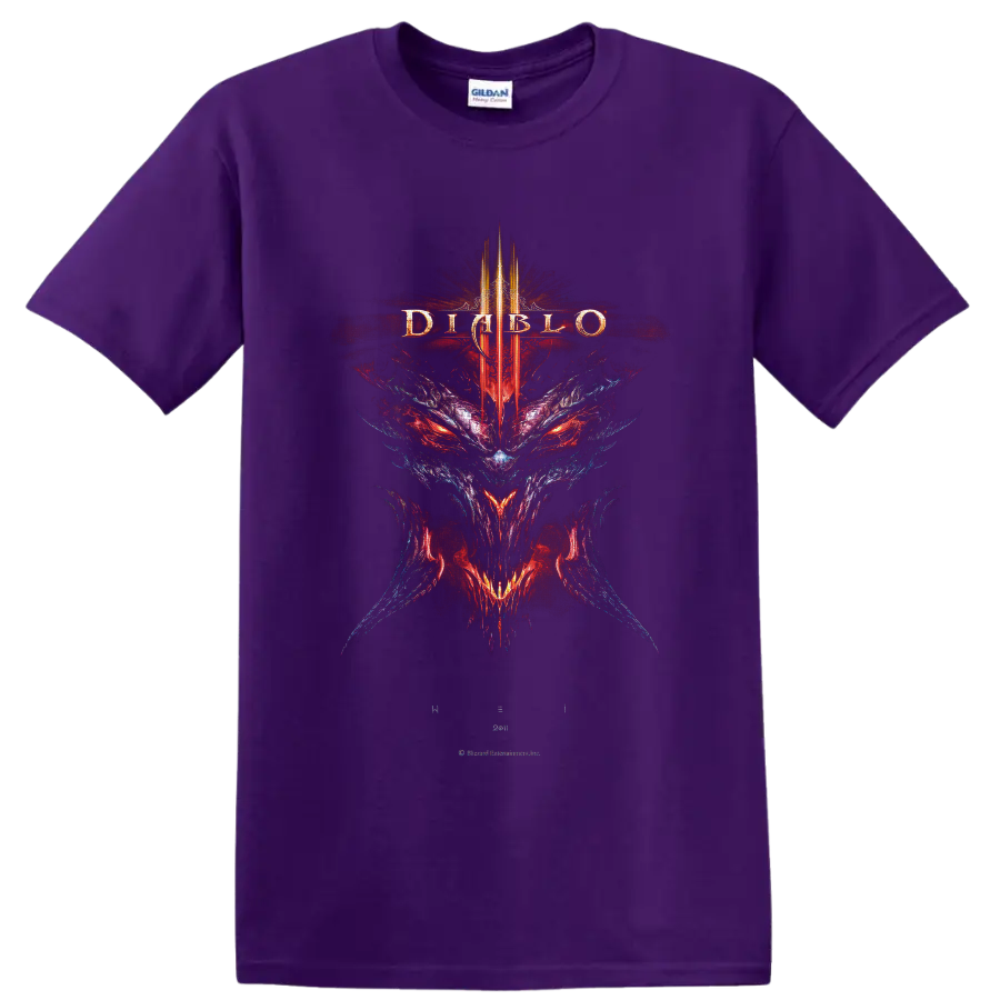 Diablo IV demon skull with red eyes, Roman numeral IV crest, and gothic fantasy art on a Purple T Shirt