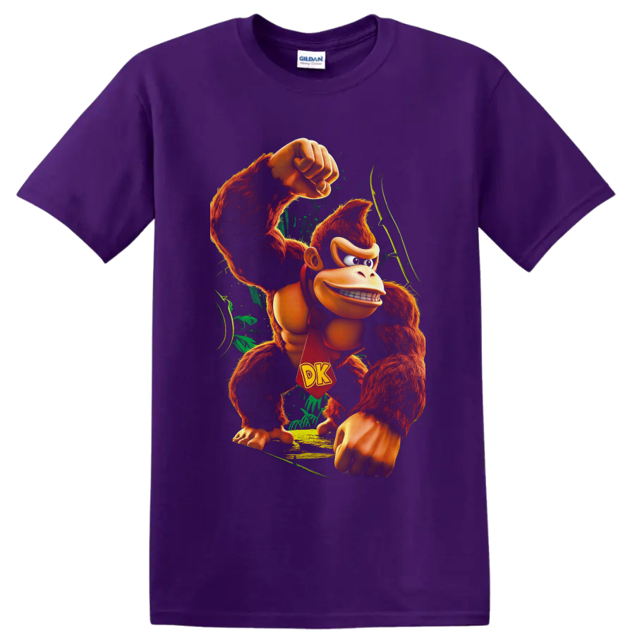 Donkey Kong raising a fist in a vivid jungle scene with a red DK tie on a Purple T Shirt