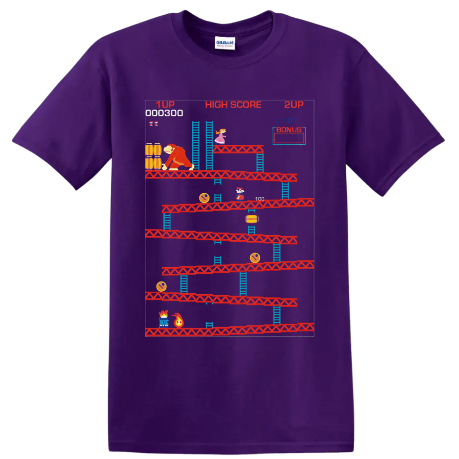 Donkey Kong Mario retro arcade platform graphic with ladders, barrels, and high score text on a Purple T Shirt