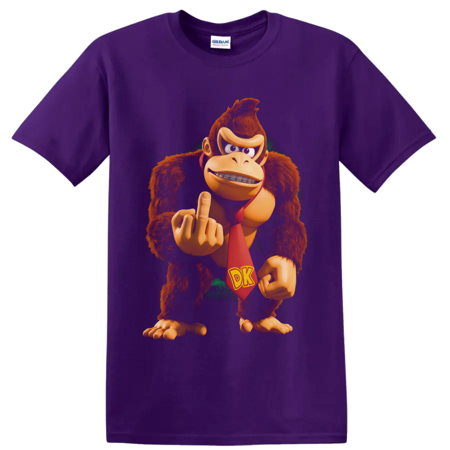 Donkey Kong character graphic with red DK tie and raised rude gesture on a Purple T Shirt