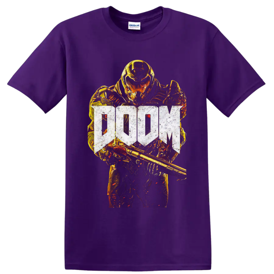 Doom Slayer in fiery gold armor with weapon and distressed DOOM logo on a Purple T Shirt