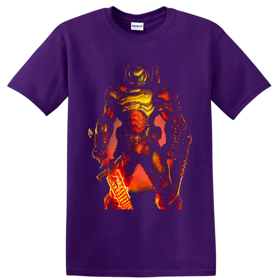 Doom Slayer in fiery futuristic armor with green visor and weapon details on a Purple T Shirt