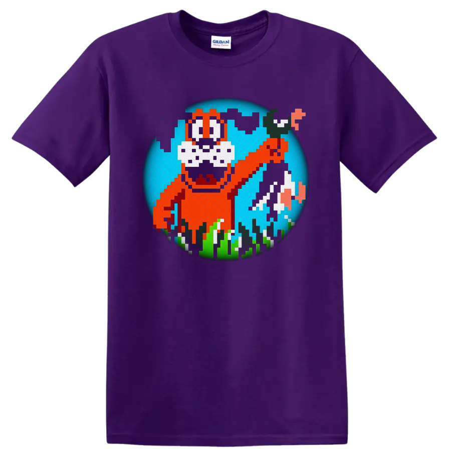 Duck Hunt pixel dog with flying ducks, grass, and retro 8-bit game art on a Purple T Shirt