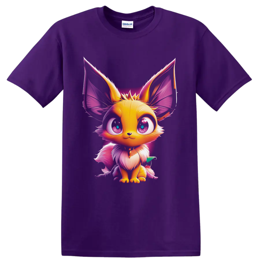 Pokémon Eevee fantasy fox character with glowing pink and purple digital art on a Purple T Shirt