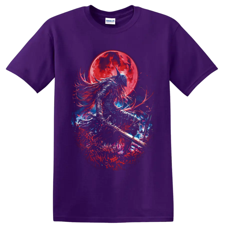 Moon Knight-inspired armored warrior with sword beneath a crimson moon in dark fantasy art on a Purple T Shirt
