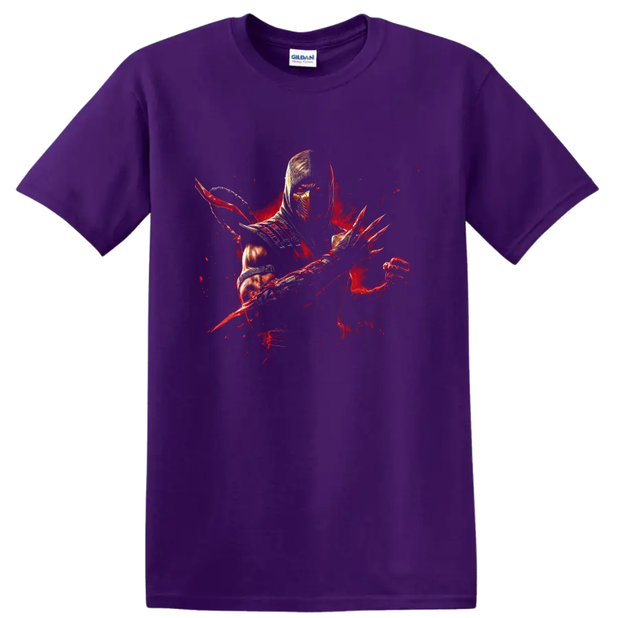 Ermac hooded armored warrior with blade and red energy splatter artwork on a Purple T Shirt