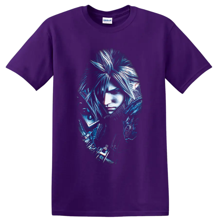 Cloud Strife blue fantasy warrior portrait with sword hilt and armored shoulder on a Purple T Shirt