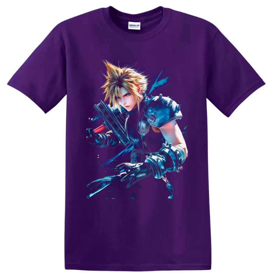 Cloud Strife with Buster Sword in vivid blue Final Fantasy VII warrior art on a Purple T Shirt