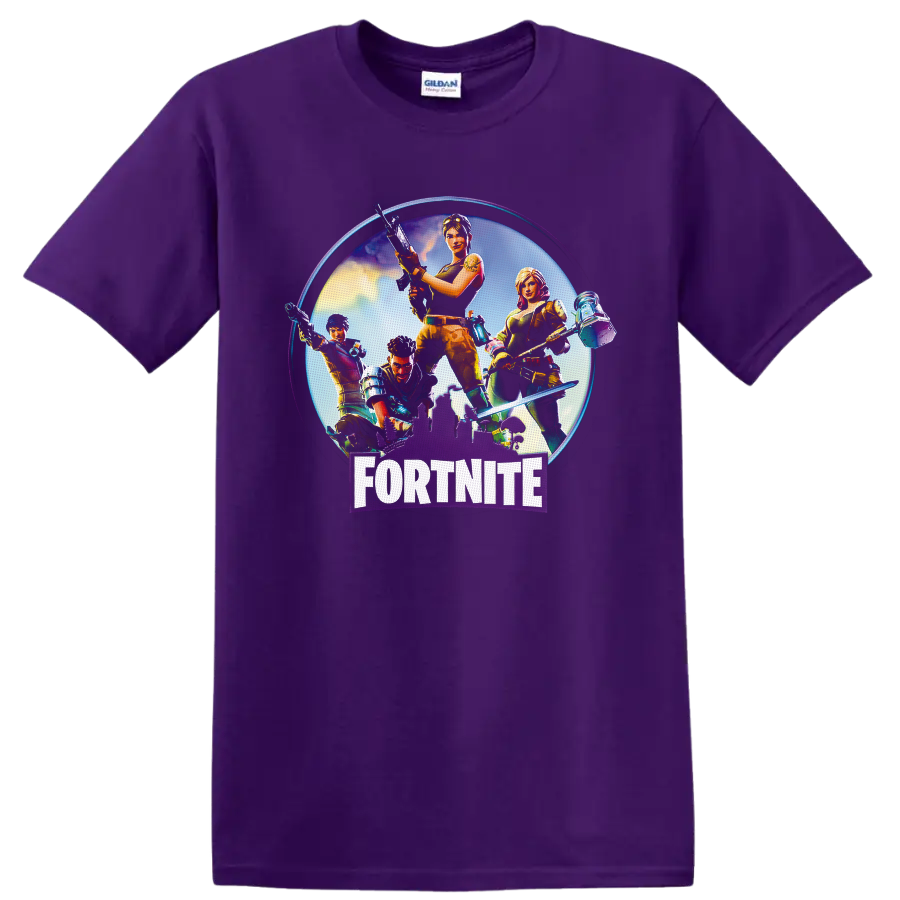 Fortnite squad action characters with gear, glowing city backdrop, and bold logo on a Purple T Shirt