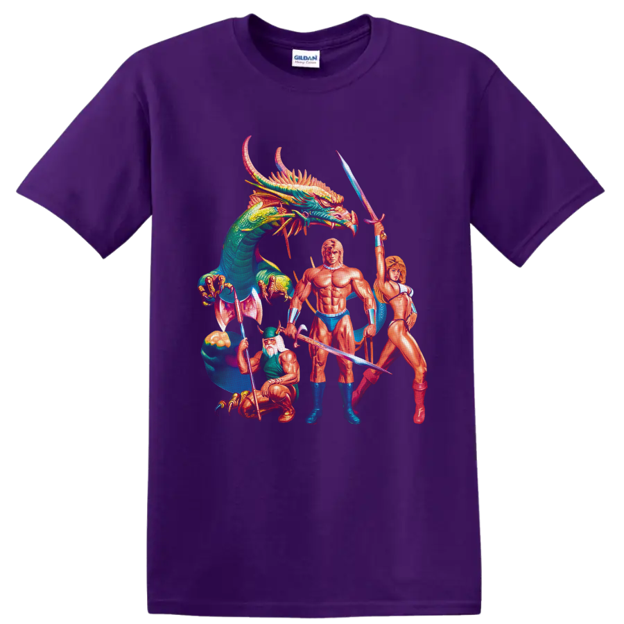 Golden Axe warriors with swords and axe beneath a colorful horned dragon in retro game art on a Purple T Shirt
