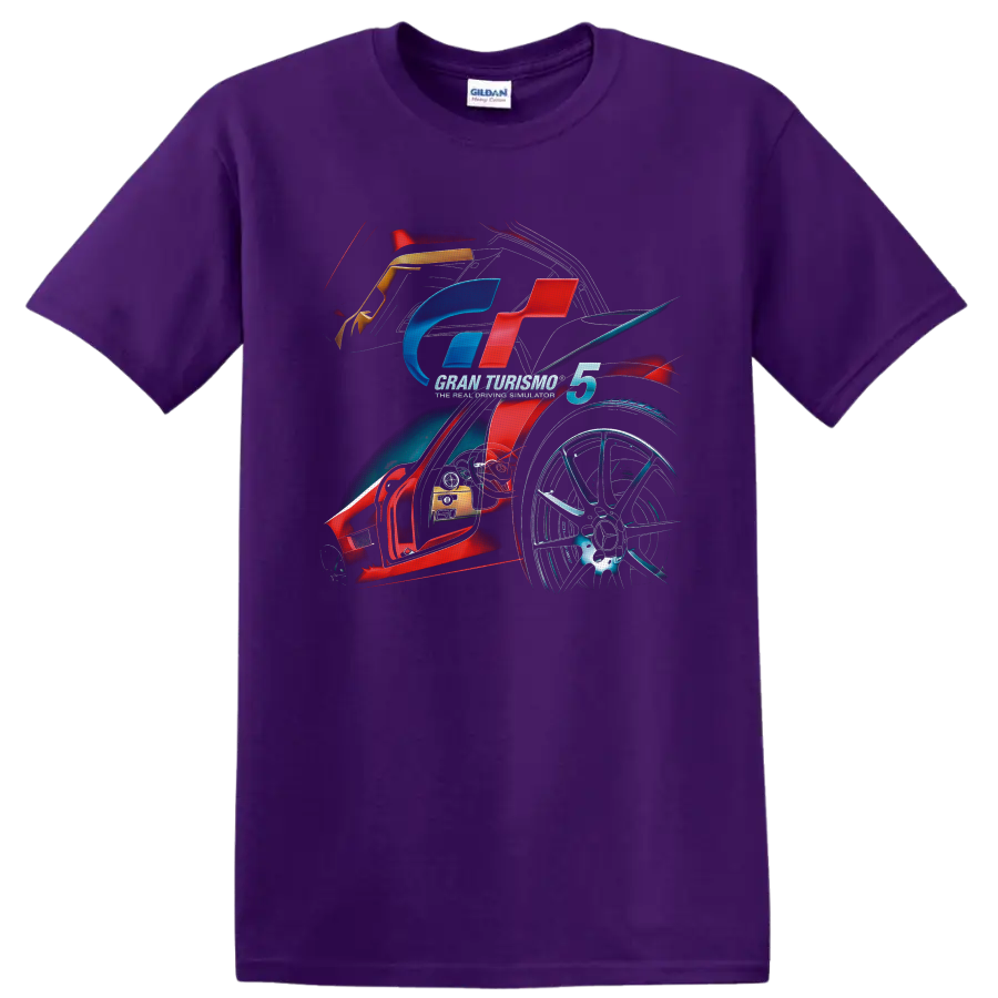 Gran Turismo 5 racing emblem with sports car cockpit, alloy wheel, and motion art on a Purple T Shirt