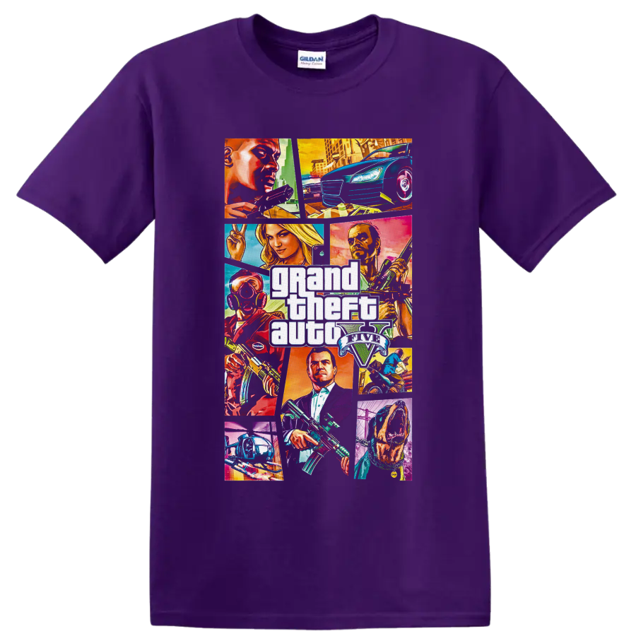 Grand Theft Auto V neon character collage with cars, helicopter, city scenes, and logo on a Purple T Shirt