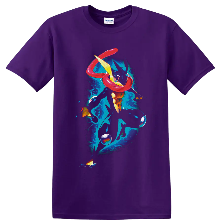 Greninja Pokémon water ninja in vivid blue splash art action pose on a Purple T Shirt