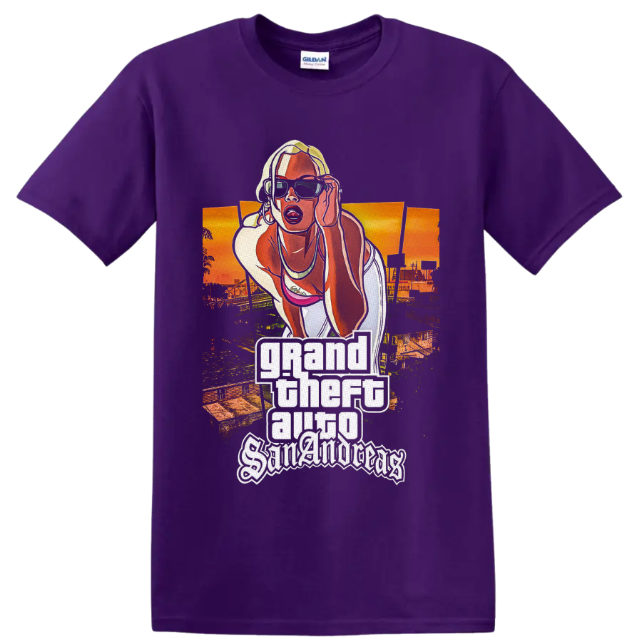 Grand Theft Auto San Andreas blonde woman sunset city poster graphic on a Purple T Shirt
