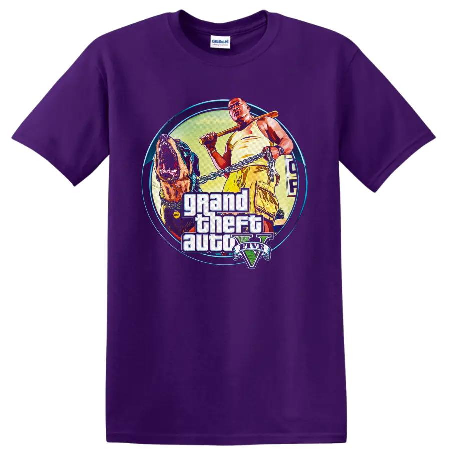 Grand Theft Auto V Franklin Clinton and Chop illustrated graphic with V emblem on a Purple T Shirt