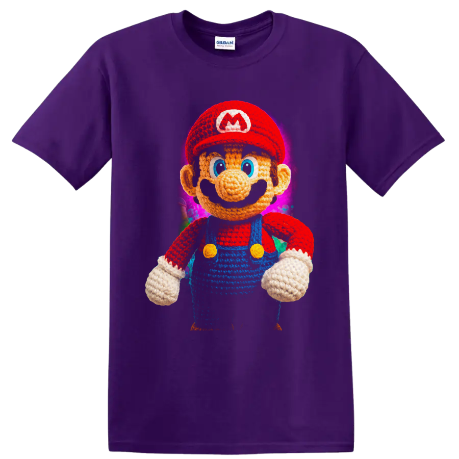 Knitted-style Mario character with colorful abstract background on a Purple T Shirt