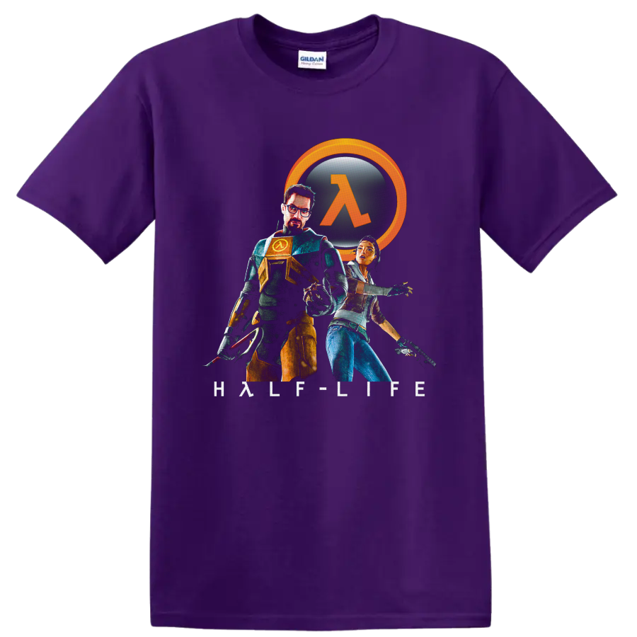 Gordon Freeman and Alyx Vance Half-Life 2 art with orange lambda emblem on a Purple T Shirt
