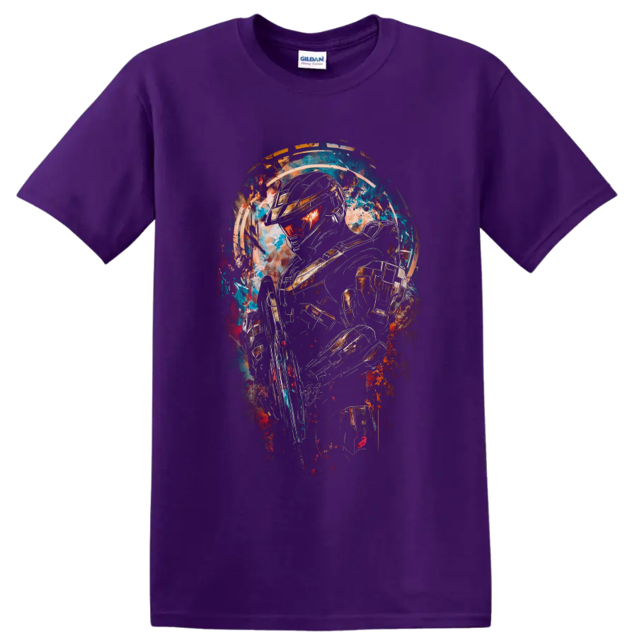 Master Chief Halo Spartan warrior in neon paint-splash armor artwork on a Purple T Shirt