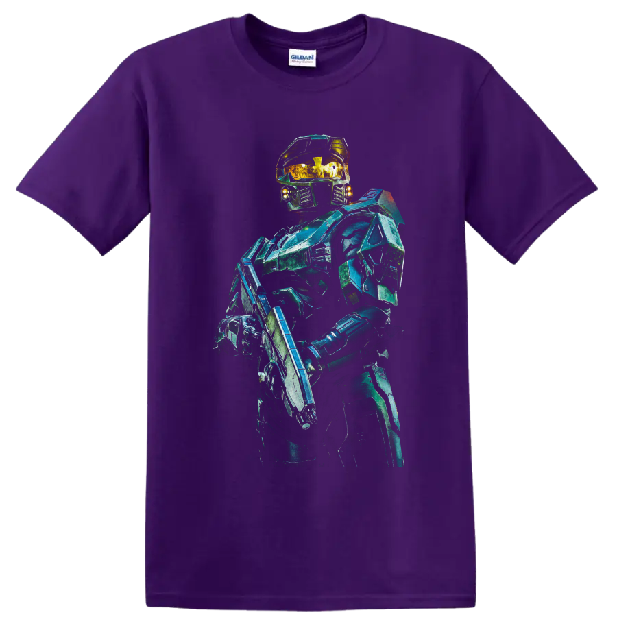 Master Chief in teal-green futuristic armor with gold visor and sci-fi rifle on a Purple T Shirt
