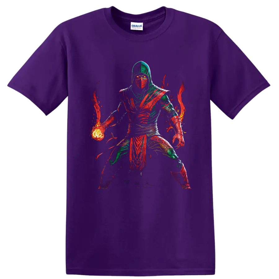 Ermac Mortal Kombat masked warrior with glowing fireball and red flame artwork on a Purple T Shirt