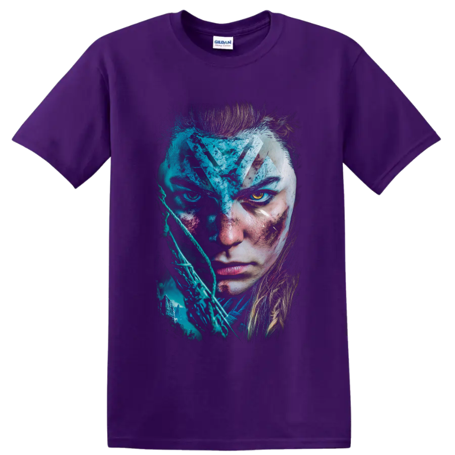 Aloy Horizon Zero Dawn cyber tribal portrait with bow and teal wilderness art on a Purple T Shirt