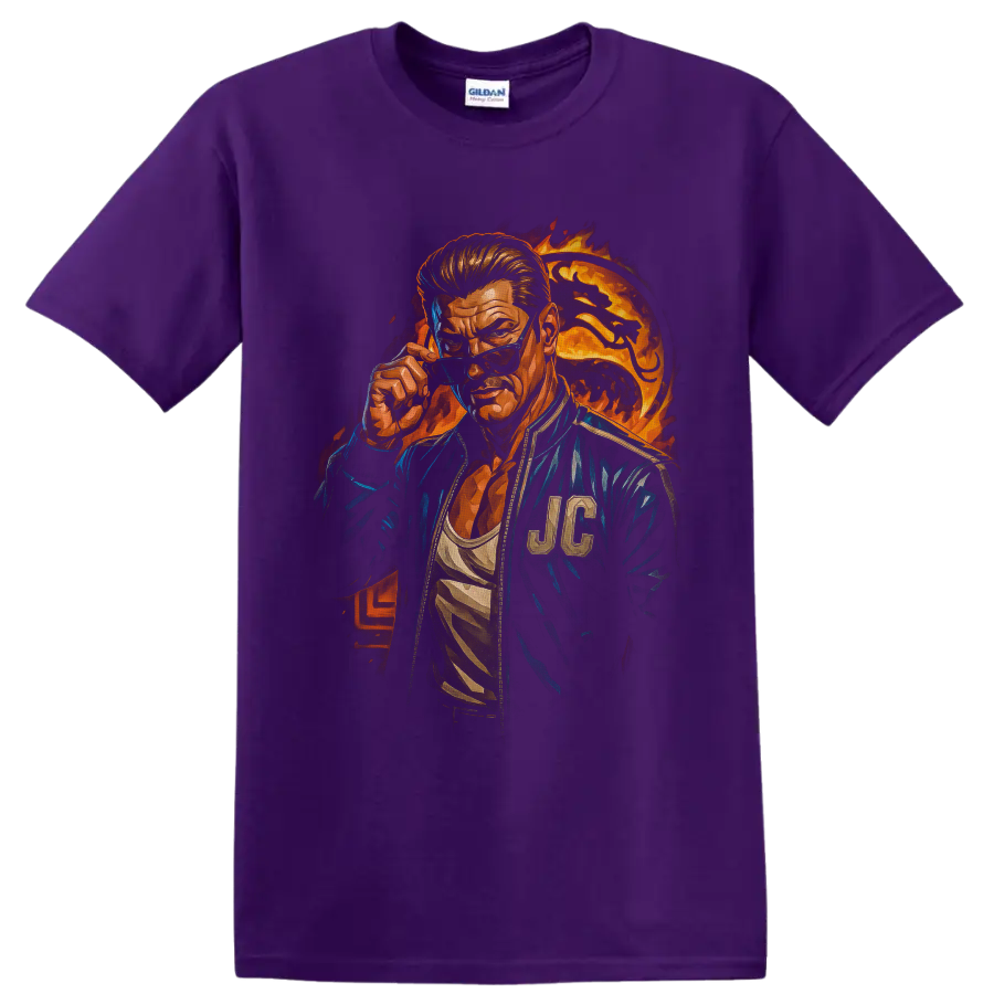 Johnny Cage fiery portrait with sunglasses, blue jacket, and flame backdrop on a Purple T Shirt
