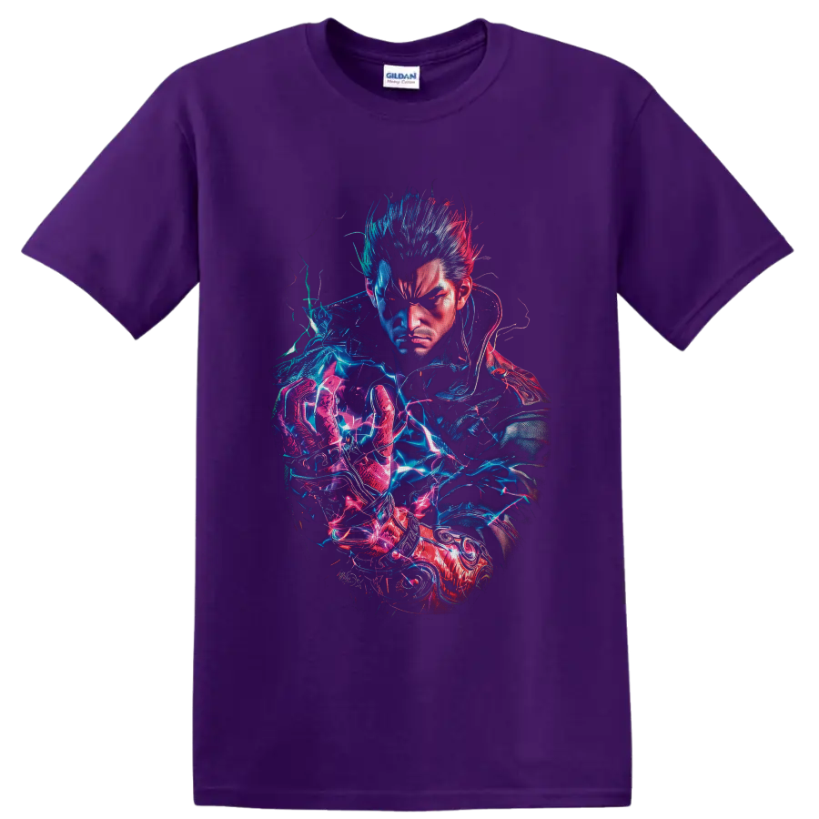 Kazuya Mishima neon electric fighter portrait in blue and pink cyberpunk art on a Purple T Shirt